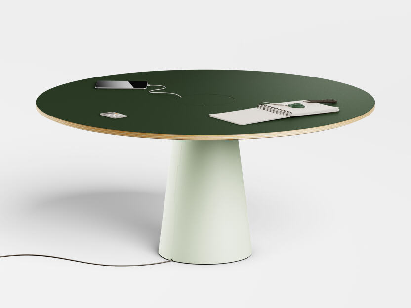 ALT (All Linoleum Table) conical table base with round tabletop and embedded cable management solutions. Lined with Conifer and Pistachio linoleum, designed by Keiji Takeuchi