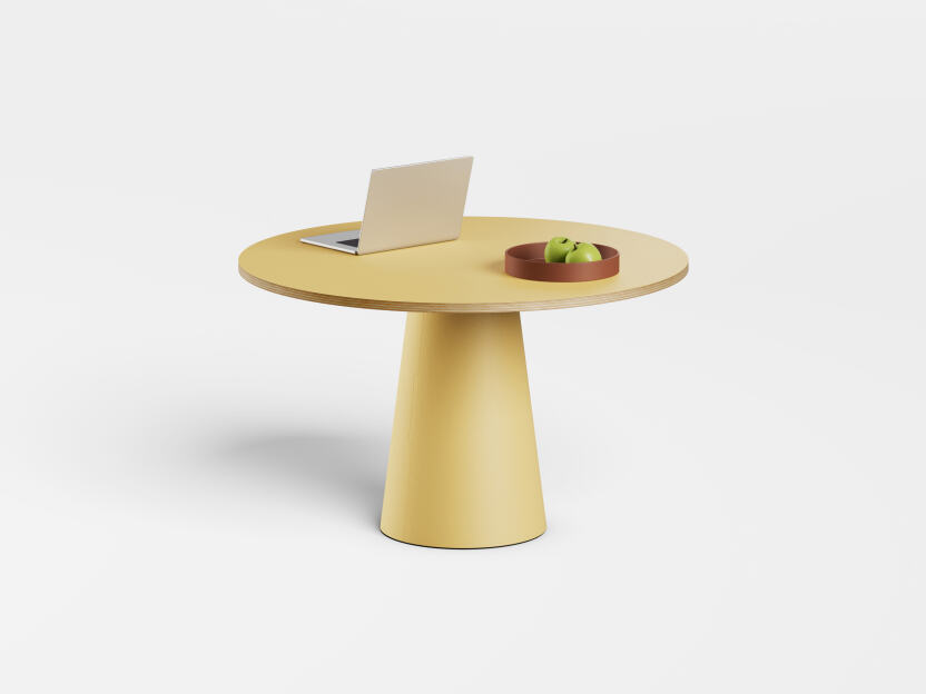ALT (All Linoleum Table) conical table base with round tabletop. Lined with Pure linoleum, designed by Keiji Takeuchi