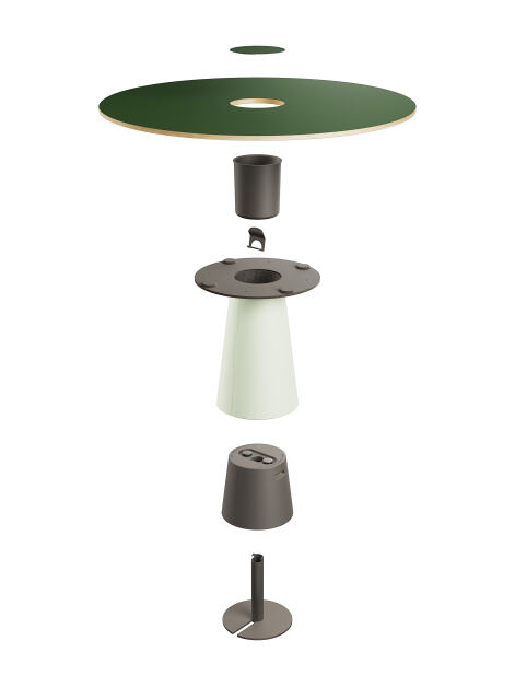 Exploded view of ALT (All Linoleum Table) conical table base with a portable weight tank and embedded cable management solutions. Lined with Conifer and Pistachio linoleum, designed by Keiji Takeuchi