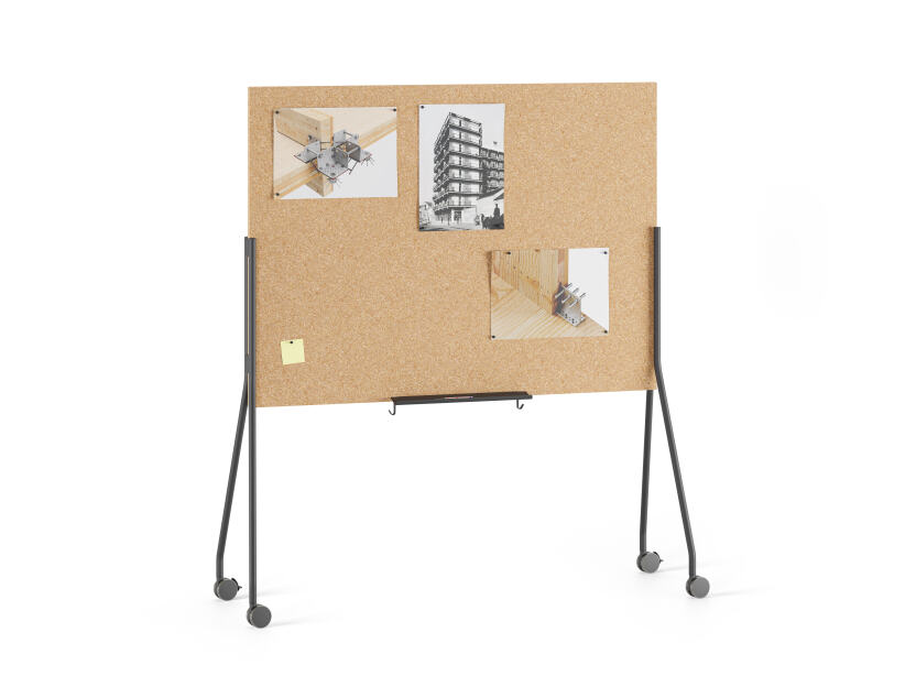 Mobile double-sided cork board with black metal stand and locking wheels designed by Michel Charlot for FAUST Linoleum