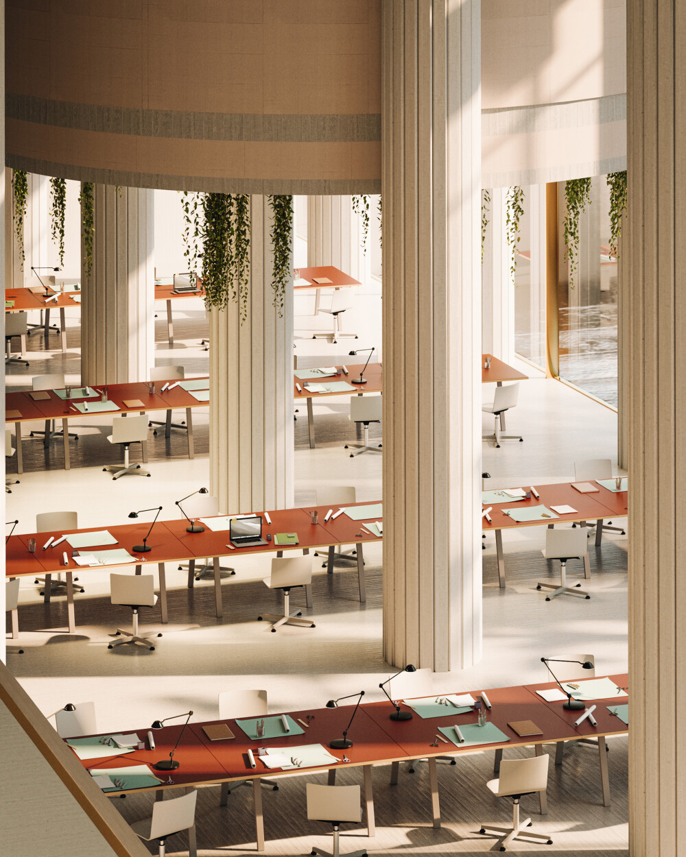 Großbüro mit DIN Tischen von Faust, rost-roter Linoleumoberfläche und Holzgestell, mit Stühlen, Lampen und Büroaccessoires.