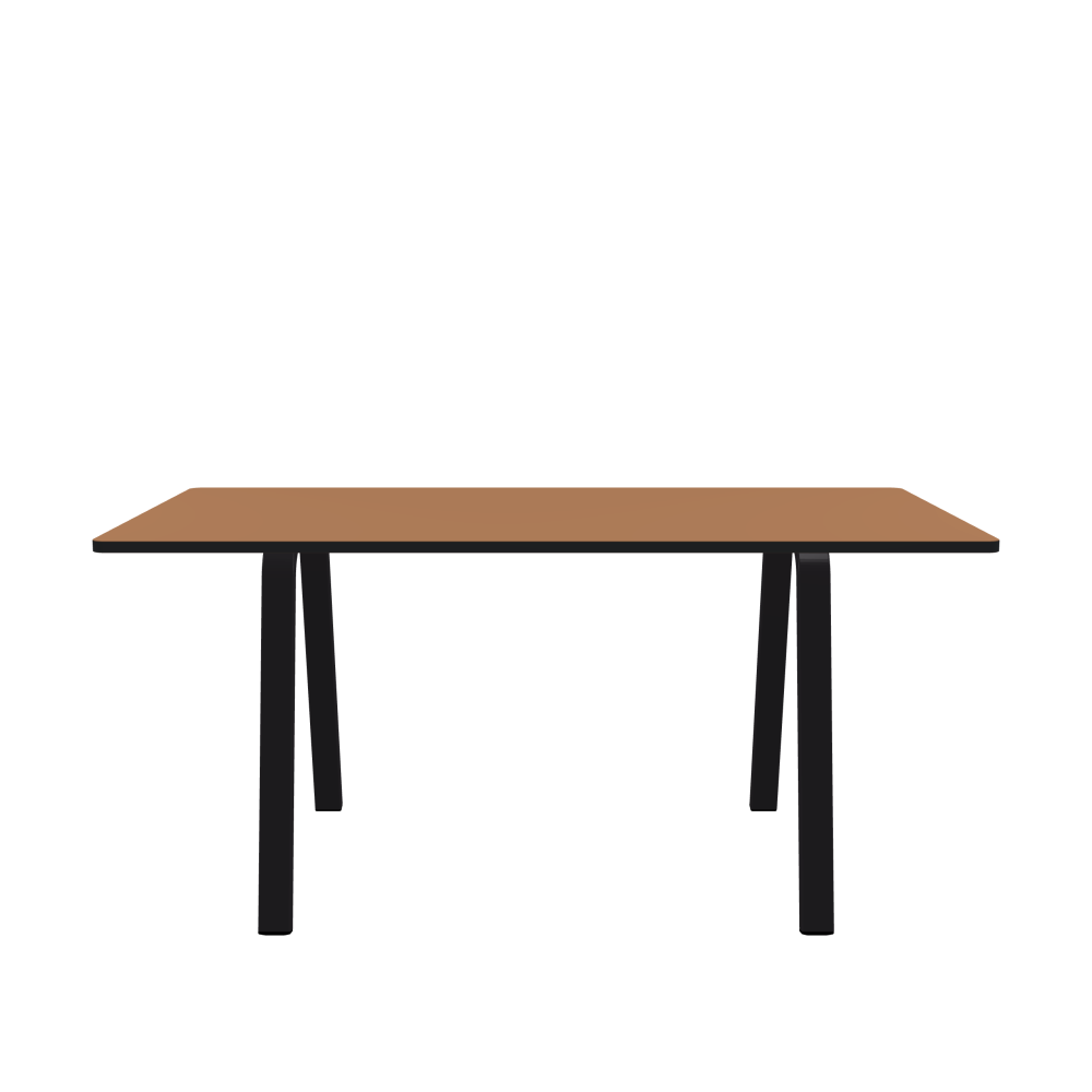 DIN Table - Shape Square - Length 160.00 cm - Width 80.00 cm - Radius 2.60 cm - Thickness 2.1 cm - Freeform 1.00000000 - Surface Linoleum, 4003 Walnut - Core MDF - Edge MDF, Black - Profile Edge 90° / DIN Table Frame - Material and Colour Powder-coated steel, Jet Black (RAL 9005) - Width S - Set 2 Pieces
