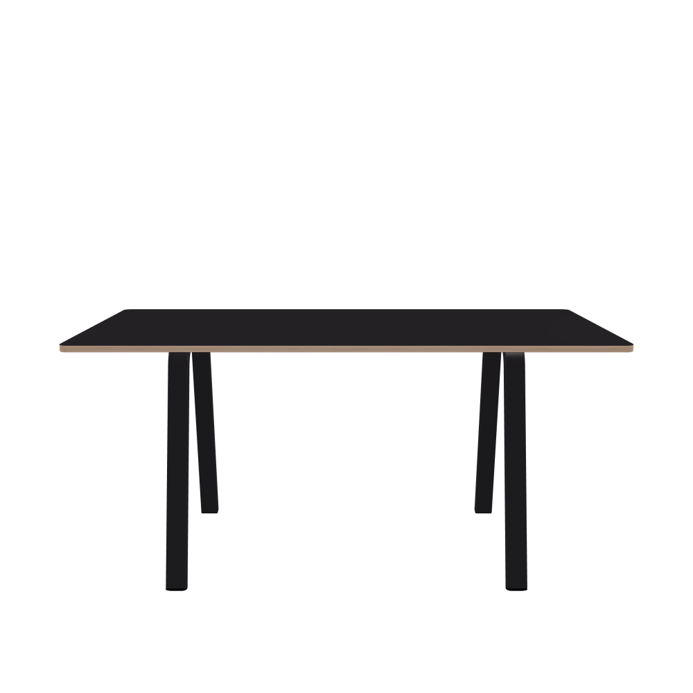 DIN Table - Shape Square - Length 160.00 cm - Width 85.00 cm - Radius 2.60 cm - Thickness 2 cm - Freeform 1.00000000 - Surface Linoleum, 4166 Charcoal - Core Birch Plywood - Profile Edge 90° / DIN Table Frame - Material and Colour Powder-coated steel, Jet Black (RAL 9005) - Width S - Set 2 Pieces
