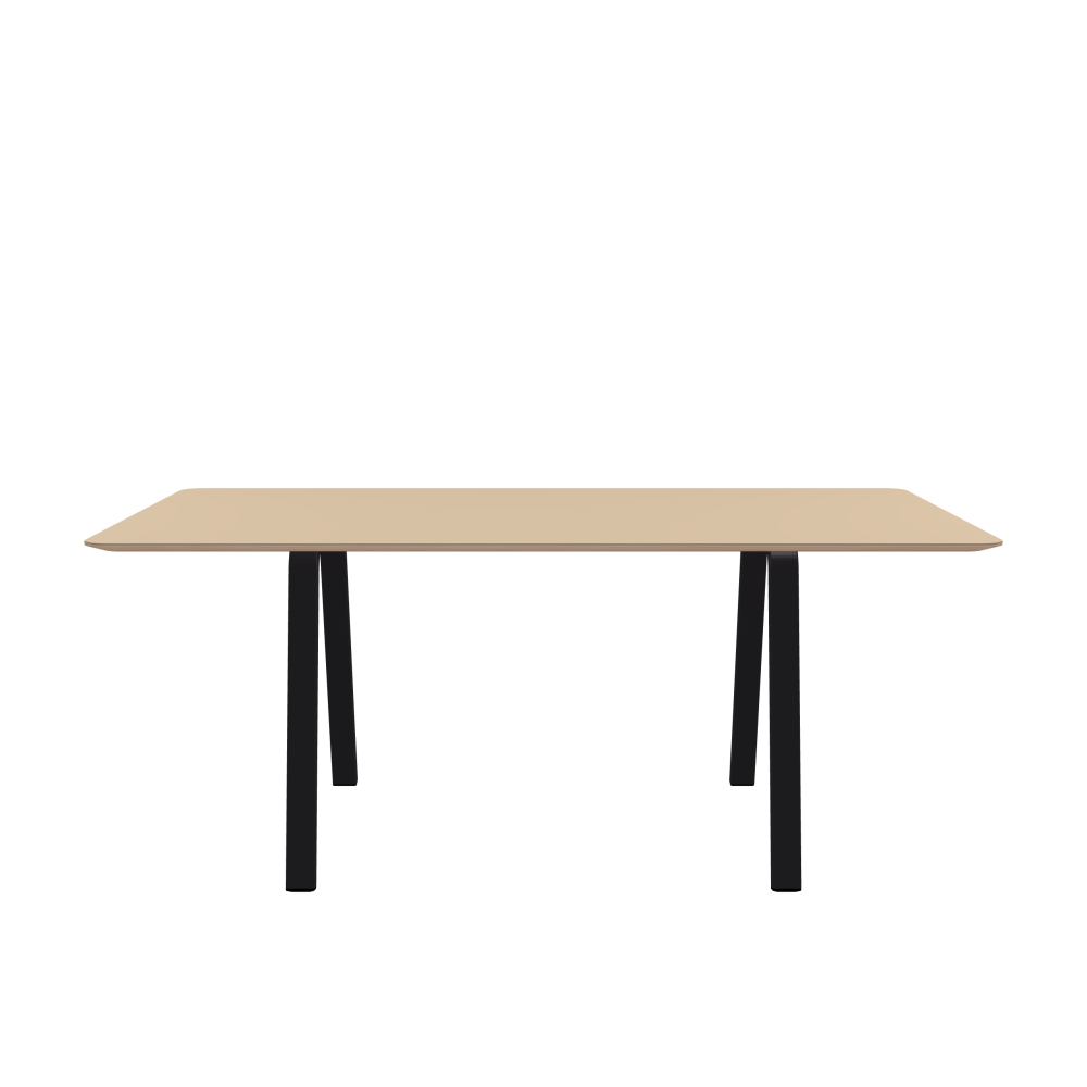 DIN Table - Shape Square - Length 180.00 cm - Width 90.00 cm - Radius 5.00 cm - Thickness 2 cm - Freeform 1.00000000 - Surface Linoleum, 4007 Macadamia - Core Birch Plywood - Profile Edge 25° / DIN Table Frame - Material and Colour Powder-coated steel, Jet Black (RAL 9005) - Width S - Set 2 Pieces