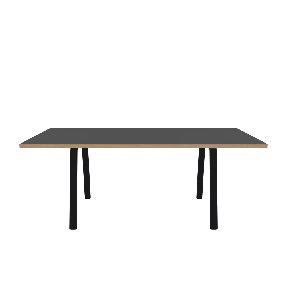 DIN Table - Shape Square - Length 200.00 cm - Width 110.00 cm - Radius 0.30 cm - Thickness 3 cm - Surface Linoleum, 4012 Basalt - Core Laminboard - Edge Wood, Larch - Profile Edge 90° / DIN Table Frame - Material and Colour Powder-coated steel, Jet Black (RAL 9005) - Width M - Set 2 Pieces