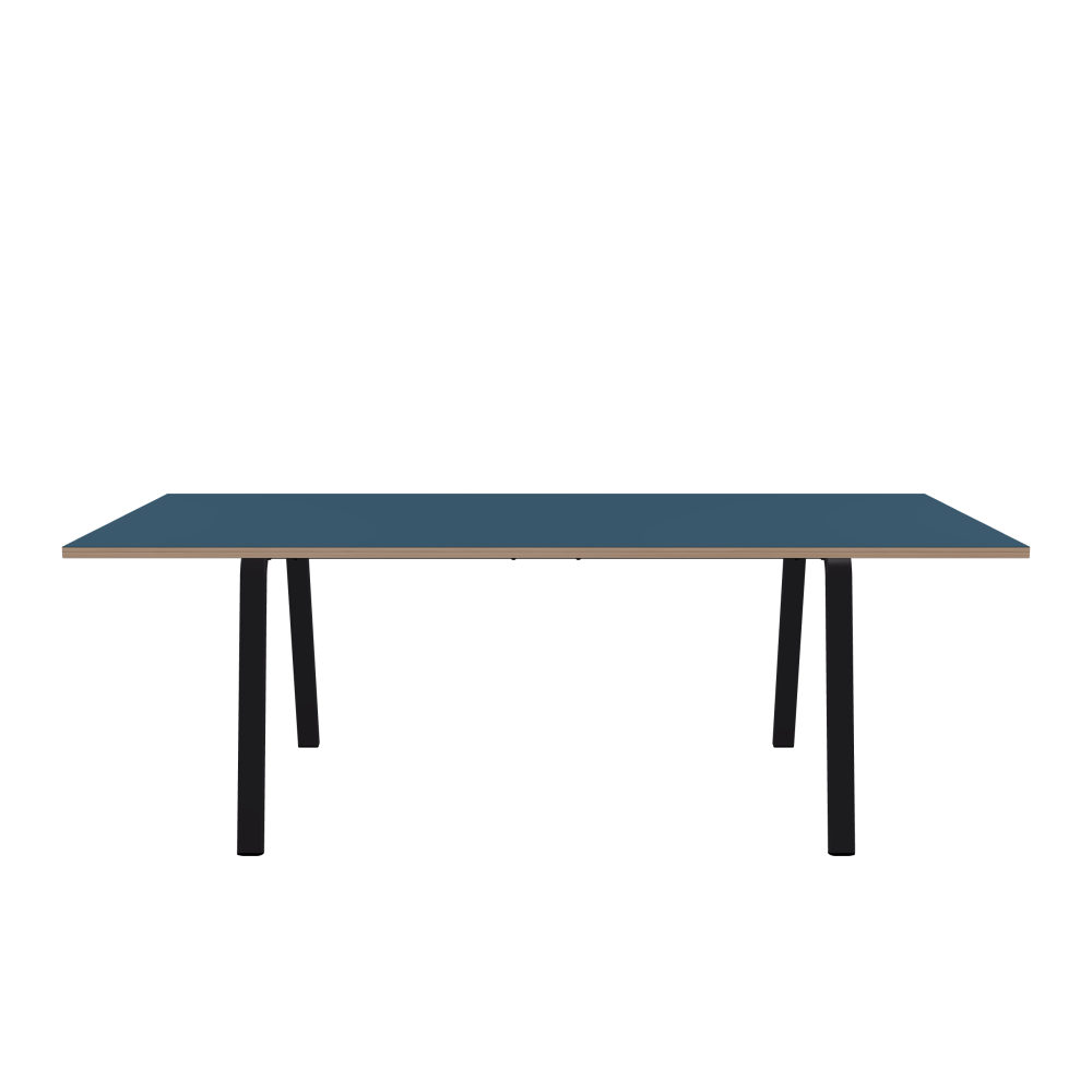 DIN Table - Shape Square - Length 220.00 cm - Width 100.00 cm - Radius 0.30 cm - Thickness 2.6 cm - Surface Linoleum, 4005 Denim - Core Birch Plywood - Profile Edge 90° / DIN Table Frame - Material and Colour Powder-coated steel, Jet Black (RAL 9005) - Width M - Set 2 Pieces