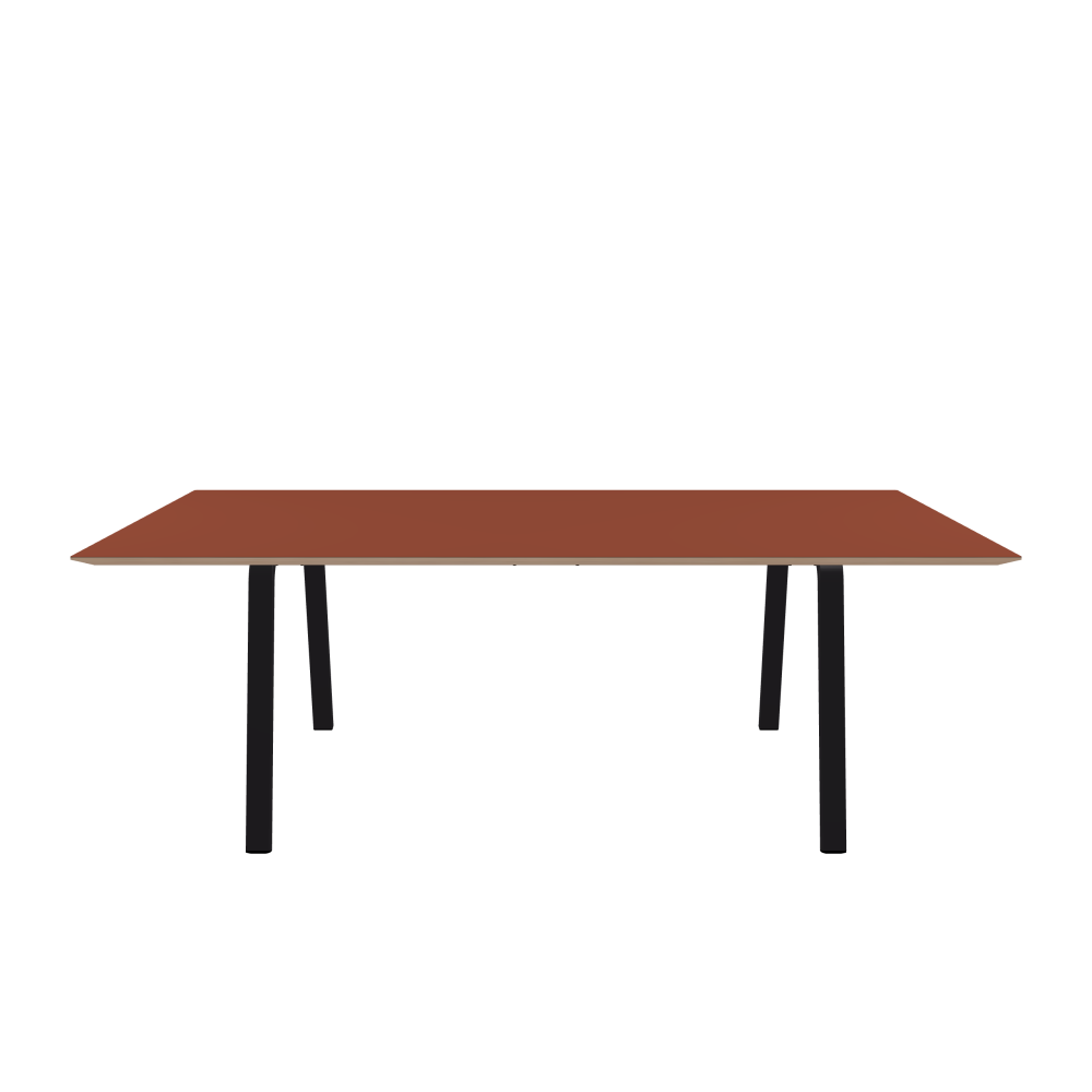 DIN Table - Shape Square - Length 220.00 cm - Width 130.00 cm - Radius 1.00 cm - Thickness 2.6 cm - Freeform 1.00000000 - Surface Linoleum, 4008 Brick - Core Birch Plywood - Profile Edge 25° / DIN Table Frame - Material and Colour Powder-coated steel, Jet Black (RAL 9005) - Width L - Set 2 Pieces