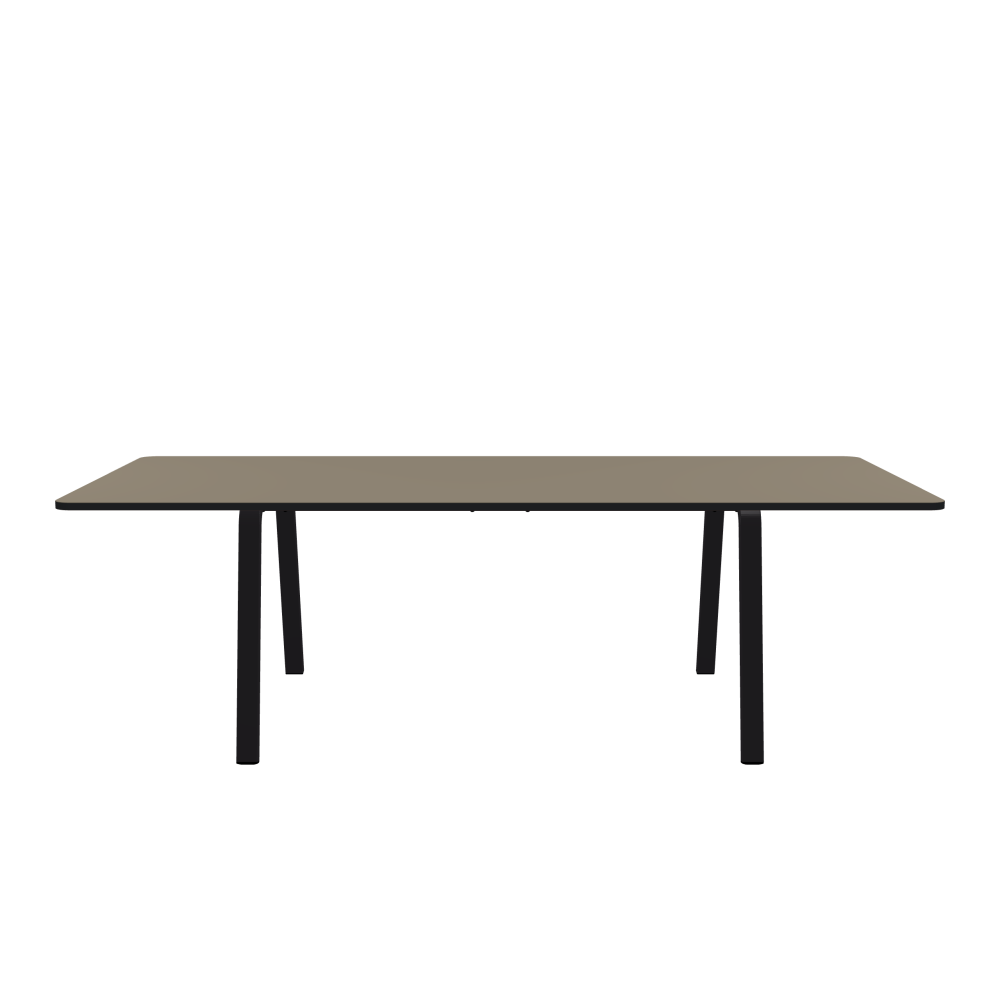 DIN Table - Shape Square - Length 240.00 cm - Width 100.00 cm - Radius 5.00 cm - Thickness 2.1 cm - Freeform 1.00000000 - Surface Linoleum, 4011 Taupe - Core MDF - Edge MDF, Black - Profile Edge 90° / DIN Table Frame - Material and Colour Powder-coated steel, Jet Black (RAL 9005) - Width M - Set 2 Pieces