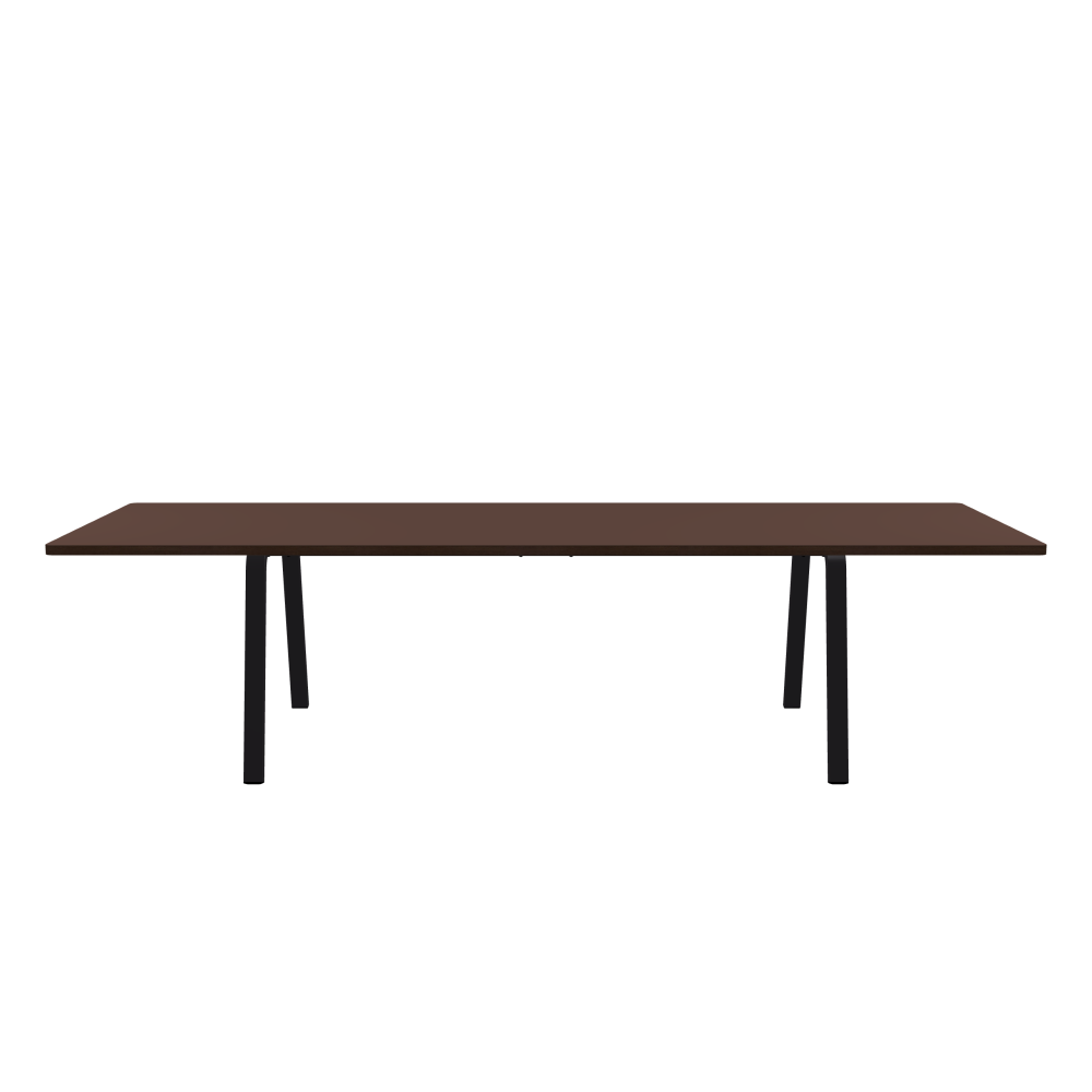 DIN Table - Shape Square - Length 300.00 cm - Width 100.00 cm - Radius 2.60 cm - Thickness 3 cm - Surface Linoleum, 4009 Espresso - Core Laminboard - Edge Wood, Fumed Oak - Profile Edge 90° / DIN Table Frame - Material and Colour Powder-coated steel, Jet Black (RAL 9005) - Width M - Set 2 Pieces