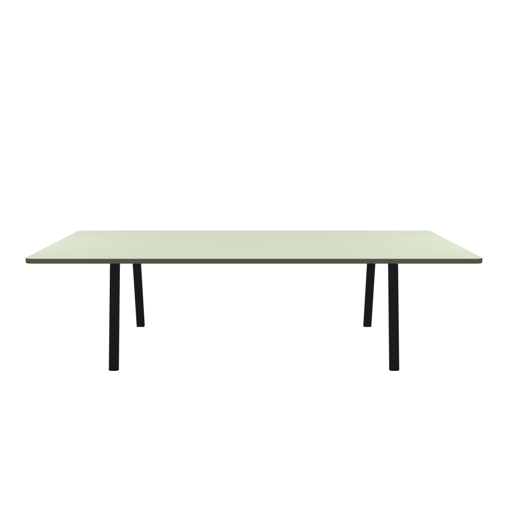 DIN Table - Shape Square - Length 280.00 cm - Width 140.00 cm - Radius 5.00 cm - Thickness 3 cm - Freeform 1.00000000 - Surface Linoleum, 4183 Pistachio - Core Laminboard - Edge Linoleum, 4184 Olive - Profile Edge 90° / DIN Table Frame - Material and Colour Powder-coated steel, Jet Black (RAL 9005) - Width L - Set 2 Pieces