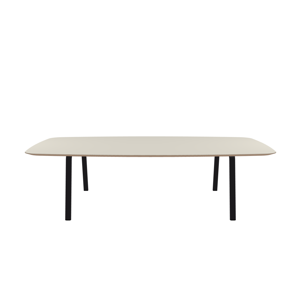 DIN Table - Shape Soft Barrel - Length 280.00 cm - Width 160.00 cm - Radius 18.00 cm - Thickness 2.6 cm - Freeform 1.00000000 - Surface Linoleum, 4176 Mushroom - Core Birch Plywood - Profile Edge 25° / DIN Table Frame - Material and Colour Powder-coated steel, Jet Black (RAL 9005) - Width XL - Set 2 Pieces