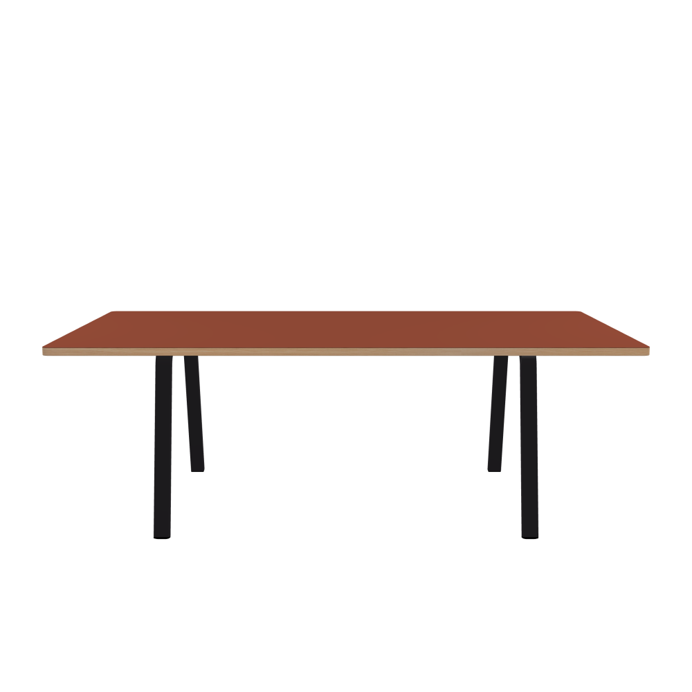 DIN Table - Shape Square - Length 220.00 cm - Width 110.00 cm - Radius 2.60 cm - Thickness 3 cm - Surface Linoleum, 4008 Brick - Core Laminboard - Edge Wood, Larch - Profile Edge 90° / DIN Table Frame - Material and Colour Powder-coated steel, Jet Black (RAL 9005) - Width M - Set 2 Pieces