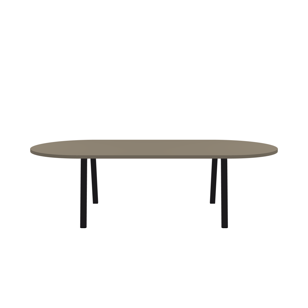 DIN Table - Shape Square - Length 260.00 cm - Width 120.00 cm - Radius 60.00 cm - Thickness 3 cm - Freeform 1.00000000 - Surface Linoleum, 4011 Taupe - Core Laminboard - Edge Linoleum, 4011 Taupe - Profile Edge 90° / DIN Table Frame - Material and Colour Powder-coated steel, Jet Black (RAL 9005) - Width M - Set 2 Pieces