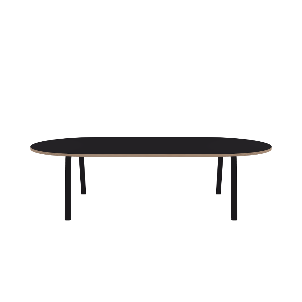 DIN Table - Shape Square - Length 280.00 cm - Width 140.00 cm - Radius 70.00 cm - Thickness 3 cm - Freeform 1.00000000 - Surface Linoleum, 4166 Charcoal - Core Laminboard - Edge Multiplex - Profile Edge 90° / DIN Table Frame - Material and Colour Powder-coated steel, Jet Black (RAL 9005) - Width L - Set 2 Pieces
