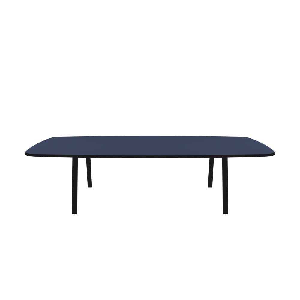 DIN Table - Shape Soft Barrel - Length 300.00 cm - Width 180.00 cm - Radius 20.00 cm - Thickness 3 cm - Freeform 1.00000000 - Surface Linoleum, 4179 Smokey Blue - Core Laminboard - Edge Linoleum, 4166 Charcoal - Profile Edge 90° / DIN Table Frame - Material and Colour Powder-coated steel, Jet Black (RAL 9005) - Width XL - Set 2 Pieces