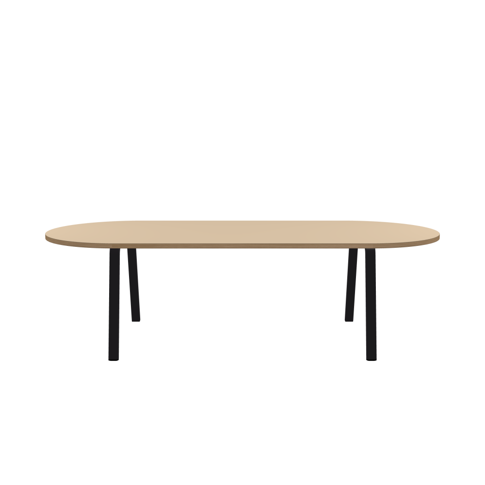 DIN Tisch - Form Eckig - Länge 260,00 cm - Tiefe 110,00 cm - Radius 55,00 cm - Stärke 3 cm - Freiformfläche 1.00000000 - Oberseite Linoleum, 4007 Macadamia - Kern Stäbchenplatte - Kante Holz, Eiche - Kantenschräge 90° / DIN Tischgestell - Materialien und Farben Pulverbeschichteter Stahl, Jet Black (RAL 9005) - Breite M - Set 2 Stück