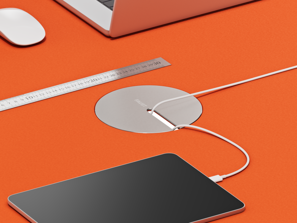 Runder Flip-Kabeldeckel aus Aluminium und Linoleum, eingelassen in eine Linoleum-Tischplatte.