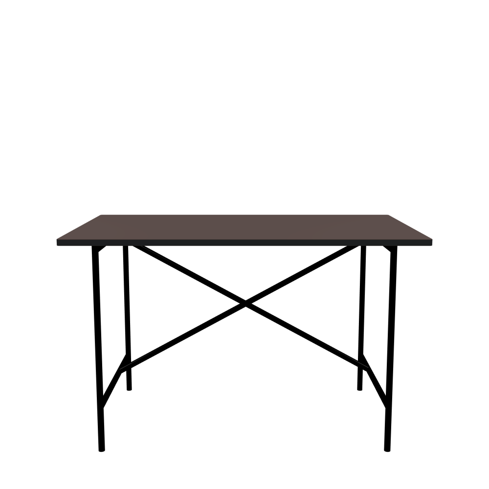 E2 Table - Shape Square - Length 120.00 cm - Width 70.00 cm - Radius 1.00 cm - Thickness 2.1 cm - Freeform 1.00000000 - Surface Linoleum, 4172 Mauve - Core MDF - Edge MDF, Black - Profile Edge 90° / E2 Table Frame - Material and Colour Steel, Jet black (RAL 9005) - Cross bar Shifted - Length 100 cm - Width 60 cm - Height 72 cm