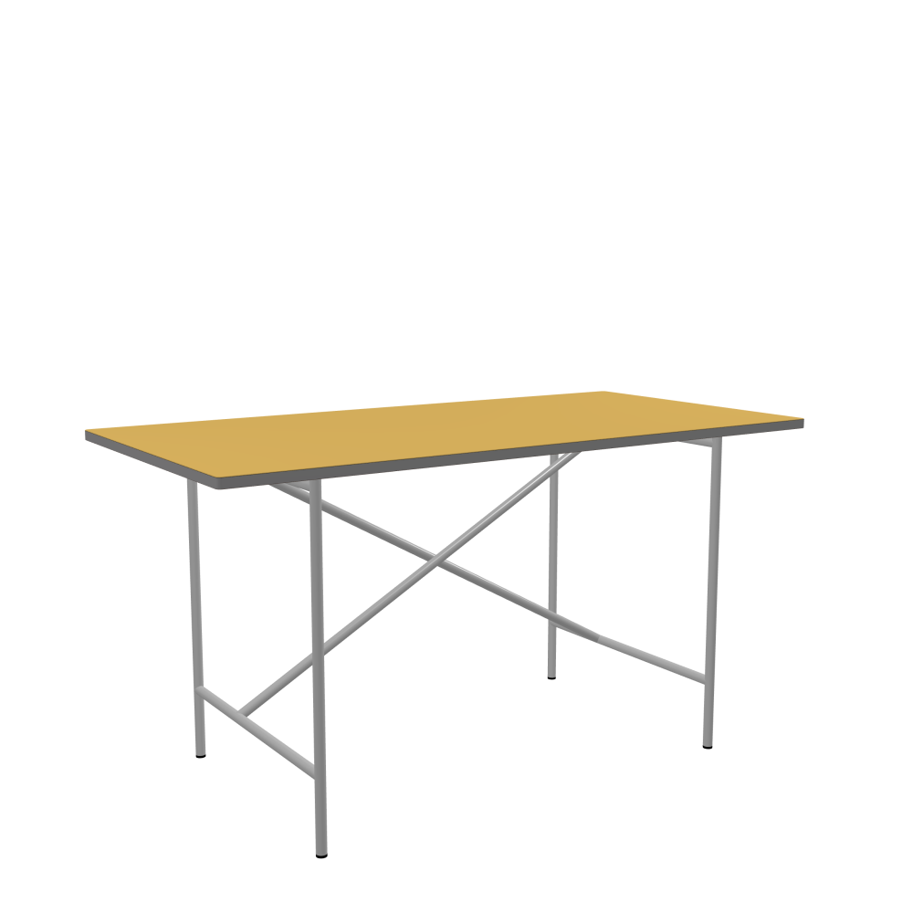 E2 Table - Shape Square - Length 140.00 cm - Width 70.00 cm - Radius 1.00 cm - Thickness 2.1 cm - Freeform 1.00000000 - Surface Linoleum, S588 Pure Linoleum - Core MDF - Edge MDF, Grey - Profile Edge 90° / E2 Table Frame - Material and Colour Steel, White aluminium (RAL 9006) - Cross bar Shifted - Length 100 cm - Width 60 cm - Height 72 cm