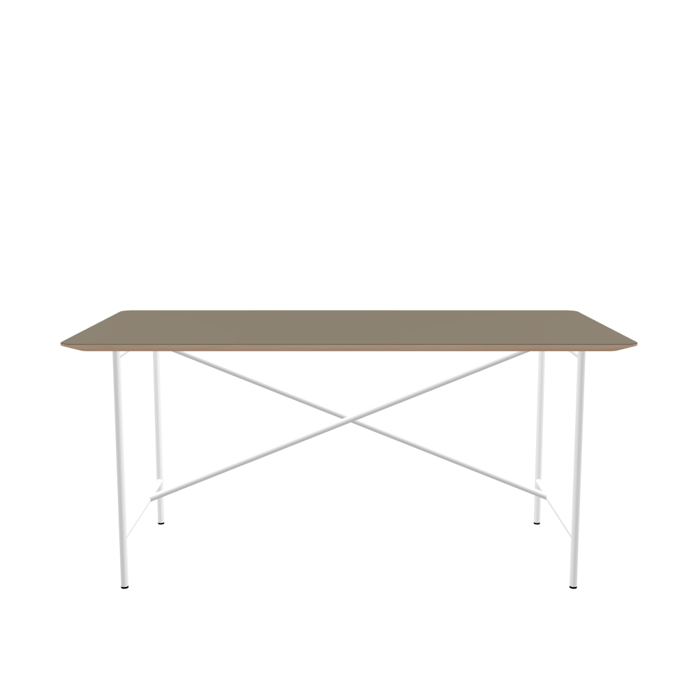 E2 Table - Shape Square - Length 160.00 cm - Width 80.00 cm - Radius 4.00 cm - Thickness 2.6 cm - Freeform 1.00000000 - Surface Linoleum, 4011 Taupe - Core Birch Plywood - Profile Edge 25° / E2 Table Frame - Material and Colour Steel, Traffic white (RAL 9016) - Cross bar Shifted - Length 135 cm - Width 60 cm - Height 72 cm