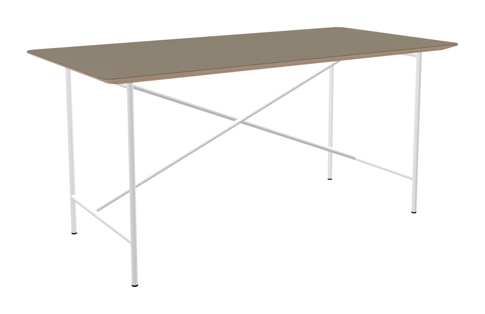 E2 Tisch - Form Eckig - Länge 160,00 cm - Tiefe 80,00 cm - Radius 4,00 cm - Stärke 2,6 cm - Freiformfläche 1.00000000 - Oberseite Linoleum, 4011 Taupe - Kern Multiplex Birke - Kantenschräge 25° / E2 Tischgestell - Material und Farbe Stahl, Verkehrsweiß (RAL 9016) - Kreuzstreben Versetzt - Länge 135 cm - Breite 60 cm - Höhe 72 cm