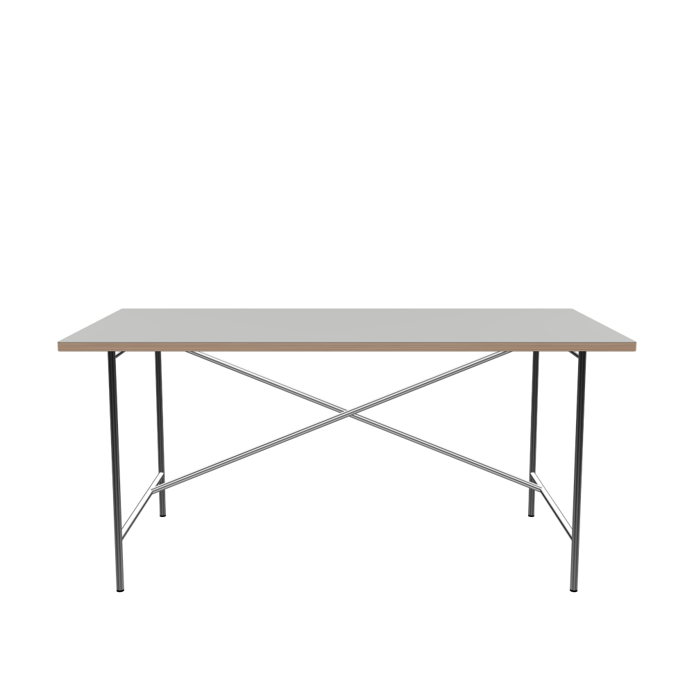 E2 Table - Shape Square - Length 160.00 cm - Width 80.00 cm - Radius 1.00 cm - Thickness 2.6 cm - Freeform 1.00000000 - Surface Linoleum, 4175 Pebble - Core Birch Plywood - Profile Edge 90° / E2 Table Frame - Material and Colour Steel, Chrome-plated - Cross bar Shifted - Length 135 cm - Width 70 cm - Height 72 cm