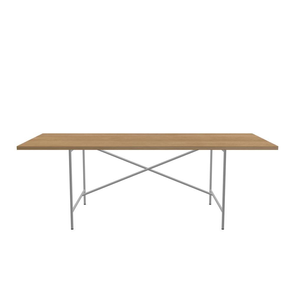 E2 Table - Shape Square - Length 220.00 cm - Width 90.00 cm - Radius 1.00 cm - Thickness 2.9 cm - Surface Wood Veneer, Oak - Core Laminboard - Edge Wood, Oak - Profile Edge 90° / E2 Table Frame - Material and Colour Steel, White aluminium (RAL 9006) - Cross bar Shifted - Length 135 cm - Width 78 cm - Height 72 cm