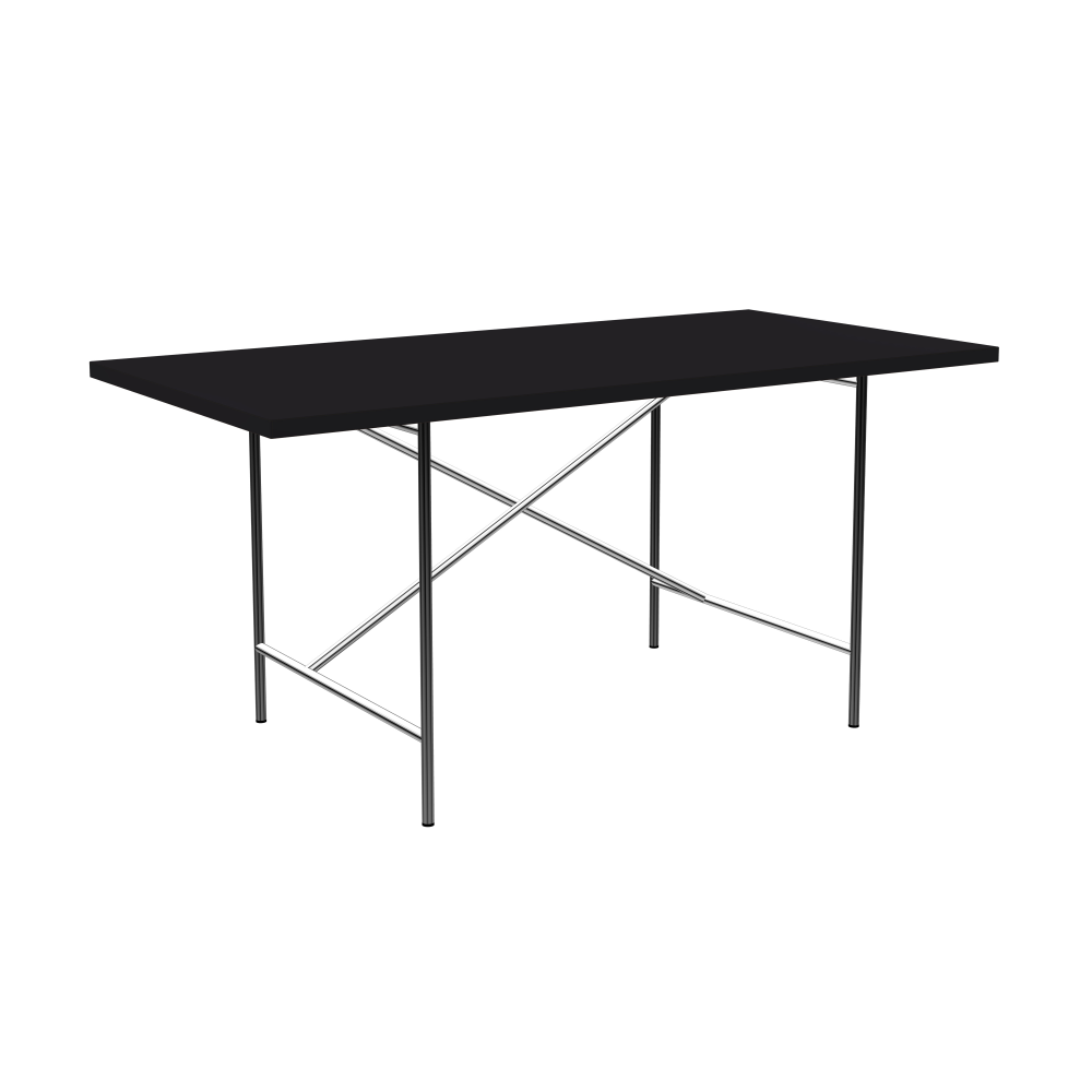 E2 Table - Shape Square - Length 160.00 cm - Width 80.00 cm - Radius 0.30 cm - Thickness 3 cm - Surface Linoleum, 4166 Charcoal - Core Laminboard - Edge Linoleum, 4166 Charcoal - Profile Edge 90° / E2 Table Frame - Material and Colour Steel, Chrome-plated - Cross bar Shifted - Length 100 cm - Width 70 cm - Height 72 cm