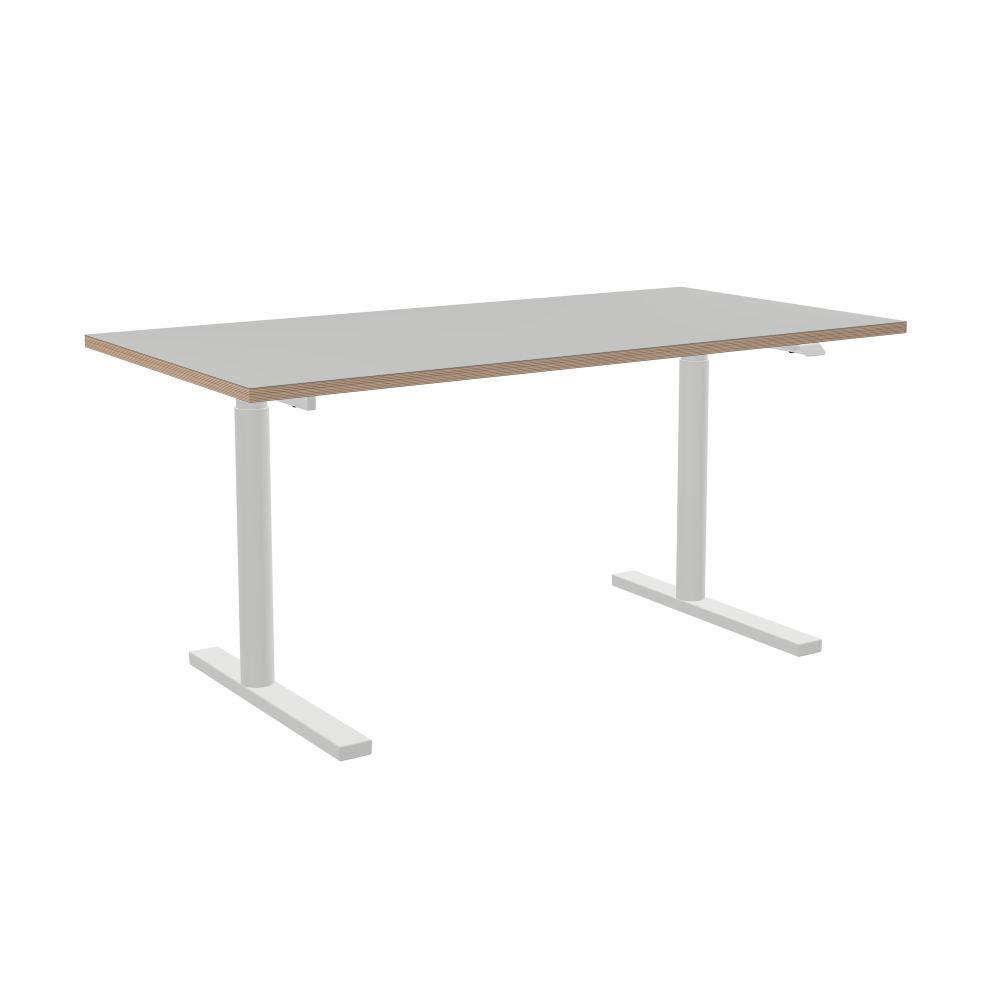 ATS Desk - Shape Square - Length 160.00 cm - Width 80.00 cm - Radius 0.30 cm - Thickness 2.6 cm - Surface Linoleum, 4175 Pebble - Core Birch Plywood - Profile Edge 90° / ATS Desk Frame - Material and Colour Powder coated, Traffic white (RAL 9016) - Size L 126 × W 71 cm - Lifting Columns Round - Control Unit Standard