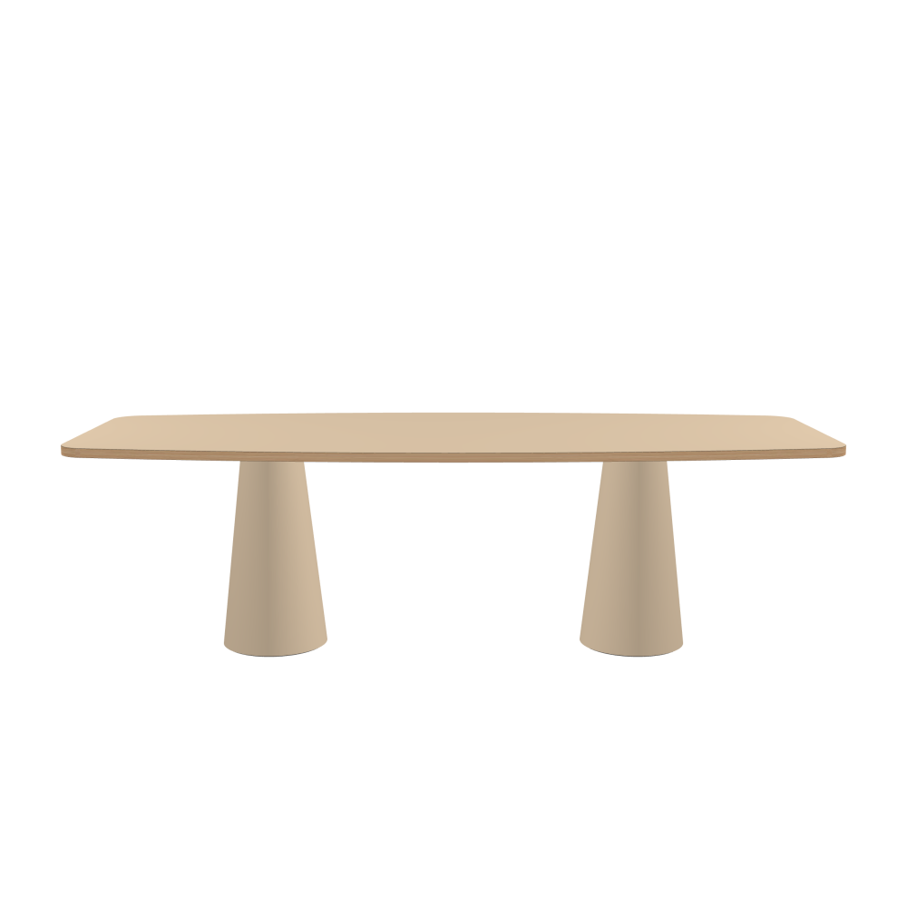 ALT Table - Shape Hard Barrel - Length 250.00 cm - Width 100.00 cm - Radius 10.00 cm - Thickness 3 cm - Freeform 1.00000000 - Surface Linoleum, 4007 Macadamia - Core Laminboard - Edge Wood, Larch - Profile Edge 90° / ALT Table Stand - Surface Linoleum, 4007 Macadamia - Size S: Ø 36 × H 72 cm