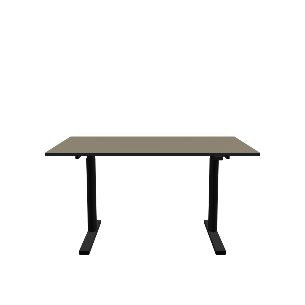 ATS Schreibtisch - Form Eckig - Länge 140,00 cm - Tiefe 90,00 cm - Radius 0,30 cm - Stärke 2,1 cm - Oberseite Linoleum, 4011 Taupe - Kern MDF - Kante MDF, Schwarz - Kantenschräge 90° / ATS Schreibtischgestell - Materialien und Farben Pulverbeschichtet, Tiefschwarz (RAL 9005) - Größe L 106 x B 71 cm - Motorsäule Rund - Bedienelement Standard
