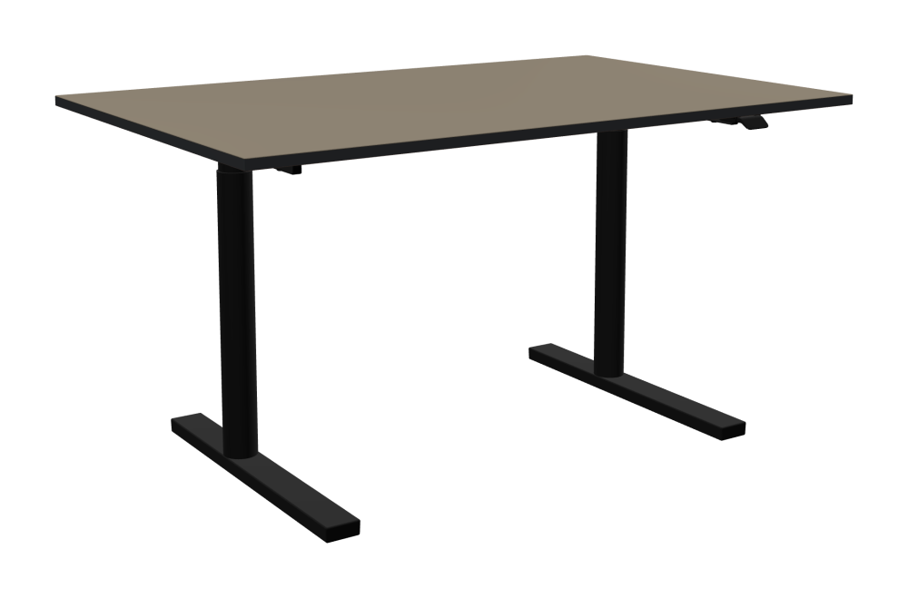 ATS Schreibtisch - Form Eckig - Länge 140,00 cm - Tiefe 90,00 cm - Radius 0,30 cm - Stärke 2,1 cm - Oberseite Linoleum, 4011 Taupe - Kern MDF - Kante MDF, Schwarz - Kantenschräge 90° / ATS Schreibtischgestell - Materialien und Farben Pulverbeschichtet, Tiefschwarz (RAL 9005) - Größe L 106 x B 71 cm - Motorsäule Rund - Bedienelement Standard