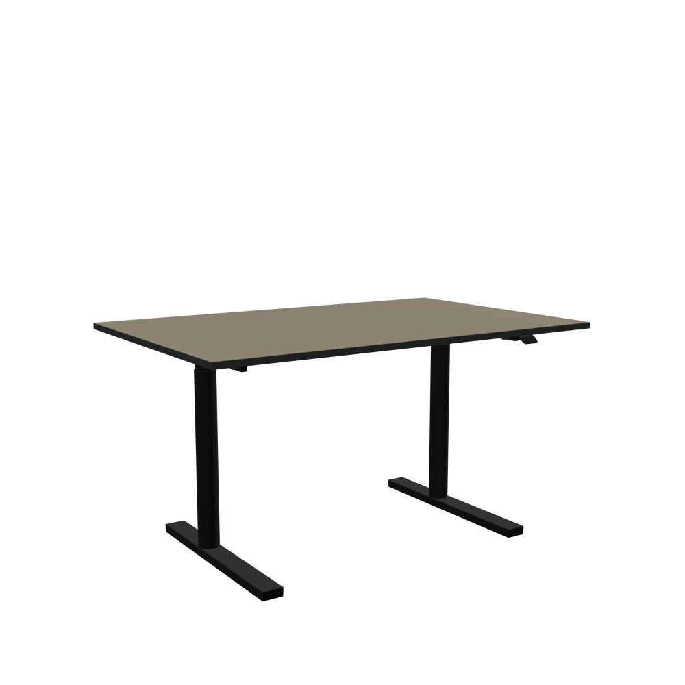 ATS Schreibtisch - Form Eckig - Länge 140,00 cm - Tiefe 90,00 cm - Radius 0,30 cm - Stärke 2,1 cm - Oberseite Linoleum, 4011 Taupe - Kern MDF - Kante MDF, Schwarz - Kantenschräge 90° / ATS Schreibtischgestell - Materialien und Farben Pulverbeschichtet, Tiefschwarz (RAL 9005) - Größe L 106 x B 71 cm - Motorsäule Rund - Bedienelement Standard