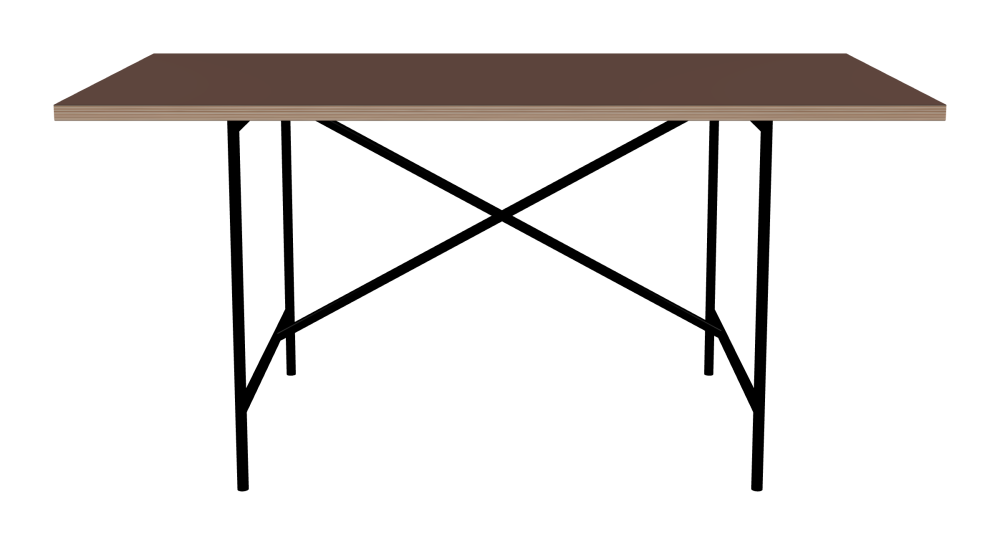 E2 Tisch - Form Eckig - Länge 160,00 cm - Tiefe 80,00 cm - Radius 0,30 cm - Stärke 2,9 cm - Oberseite Linoleum, 4009 Espresso - Kern Multiplex Birke - Kantenschräge 90° / E2 Tischgestell - Material und Farbe Stahl, Tiefschwarz (RAL 9005) - Kreuzstreben Versetzt - Länge 100 cm - Breite 70 cm - Höhe 72 cm