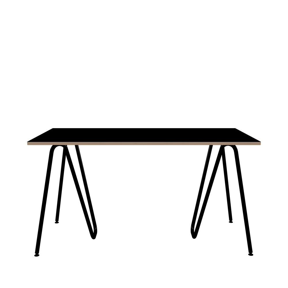 SINUS Table - Shape Square - Length 140.00 cm - Width 70.00 cm - Radius 0.30 cm - Thickness 2 cm - Surface Linoleum, 4023 Nero - Core Birch Plywood - Profile Edge 90° / SINUS Trestles - Material and Colour Steel, Powder-coated, Jet black (RAL 9005) - Size M: L 63 × W 36 × H 72 cm