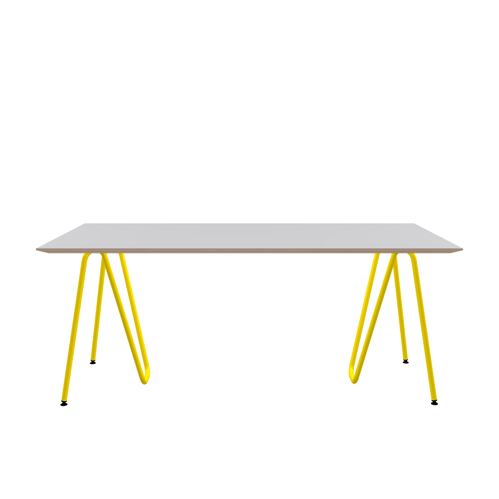SINUS Table - Shape Square - Length 180.00 cm - Width 90.00 cm - Radius 0.30 cm - Thickness 2.6 cm - Surface Linoleum, 4177 Vapour - Core Birch Plywood - Profile Edge 25° / SINUS Trestles - Material and Colour Steel, Powder-coated, Zinc yellow (RAL 1018) - Size M: L 63 × W 36 × H 72 cm