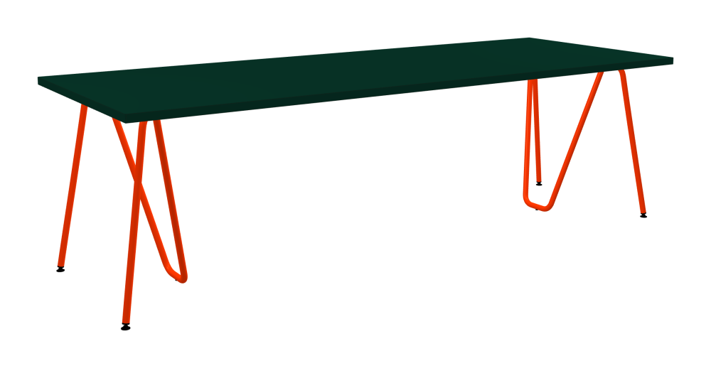 SINUS Tisch - Form Eckig - Länge 250,00 cm - Tiefe 95,00 cm - Radius 0,30 cm - Stärke 3 cm - Oberseite Linoleum, 4174 Conifer - Kern Stäbchenplatte - Kante Linoleum, 4174 Conifer - Kantenschräge 90° / SINUS Tischböcke - Material und Farbe Stahl, Pulverbeschichtet, Blutorange (RAL 2002) - Größe L: L 74 × B 36 × H 72 cm