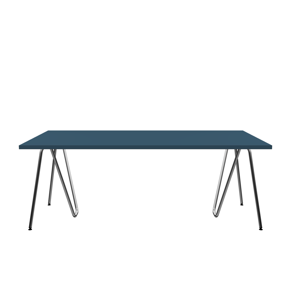 SINUS Tisch - Form Eckig - Länge 200,00 cm - Tiefe 100,00 cm - Radius 0,30 cm - Stärke 3 cm - Oberseite Linoleum, 4005 Denim - Kern Stäbchenplatte - Kante Linoleum, 4005 Denim - Kantenschräge 90° / SINUS Tischböcke - Material und Farbe Stahl, Verchromt - Größe L: L 74 × B 36 × H 72 cm