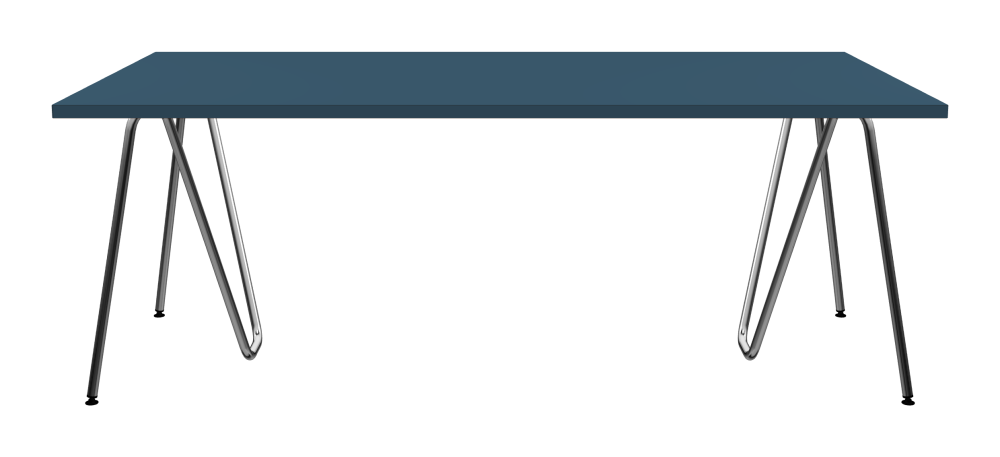 SINUS Tisch - Form Eckig - Länge 200,00 cm - Tiefe 100,00 cm - Radius 0,30 cm - Stärke 3 cm - Oberseite Linoleum, 4005 Denim - Kern Stäbchenplatte - Kante Linoleum, 4005 Denim - Kantenschräge 90° / SINUS Tischböcke - Material und Farbe Stahl, Verchromt - Größe L: L 74 × B 36 × H 72 cm
