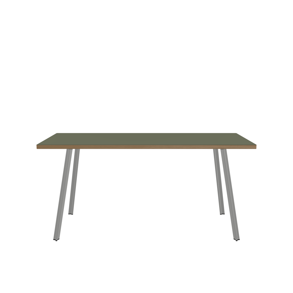 BEAM Table - Shape Square - Length 160.00 cm - Width 70.00 cm - Radius 1.00 cm - Thickness 3 cm - Surface Linoleum, 4184 Olive - Core Laminboard - Edge Wood, Oak - Profile Edge 90° / BEAM Table Legs - Material and Colour Aluminium, matt anodised - Profile strength Small - Height 71 cm - Set 4 Legs