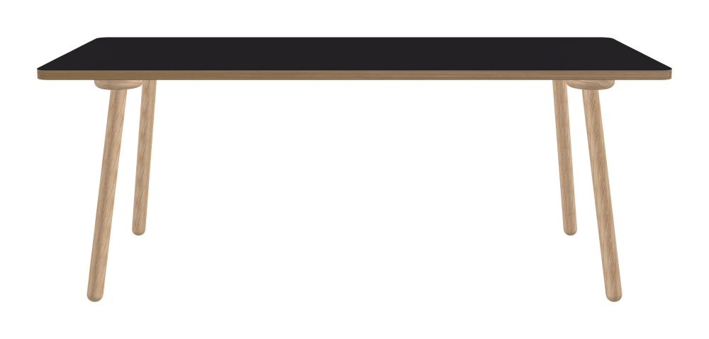 MT2 Tisch - Form Eckig - Länge 190,00 cm - Tiefe 80,00 cm - Radius 4,00 cm - Stärke 3 cm - Oberseite Linoleum, 4166 Charcoal - Kern Stäbchenplatte - Kante Holz, Eiche - Kantenschräge 90° / MT2 Tischbeine - Material und Farbe Holz, Eiche, natur, matt geölt - Set 4 Tischbeine