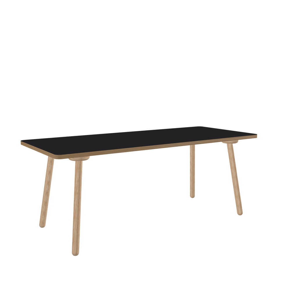 MT2 Tisch - Form Eckig - Länge 190,00 cm - Tiefe 80,00 cm - Radius 4,00 cm - Stärke 3 cm - Oberseite Linoleum, 4166 Charcoal - Kern Stäbchenplatte - Kante Holz, Eiche - Kantenschräge 90° / MT2 Tischbeine - Material und Farbe Holz, Eiche, natur, matt geölt - Set 4 Tischbeine