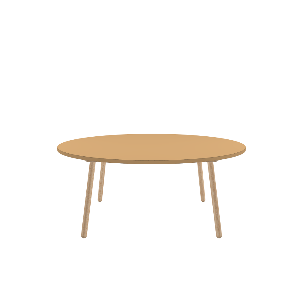 MT2 Tisch - Form Rund - Länge 180,00 cm - Tiefe 180,00 cm - Stärke 3 cm - Freiformfläche 1.00000000 - Oberseite Linoleum, 4001 Clay - Kern Stäbchenplatte - Kante Linoleum, 4001 Clay - Kantenschräge 90° / MT2 Tischbeine - Material und Farbe Holz, Eiche, natur, matt geölt - Set 4 Tischbeine
