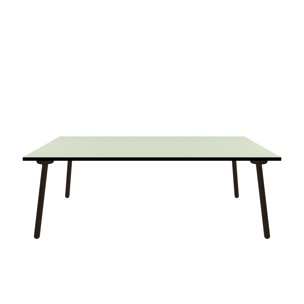 MT2 Tisch - Form Eckig - Länge 220,00 cm - Tiefe 150,00 cm - Radius 0,30 cm - Stärke 3 cm - Oberseite Linoleum, 4183 Pistachio - Kern Stäbchenplatte - Kante Linoleum, 4023 Nero - Kantenschräge 90° / MT2 Tischbeine - Material und Farbe Holz, Eiche, schwarz gebeizt, matt geölt - Set 4 Tischbeine