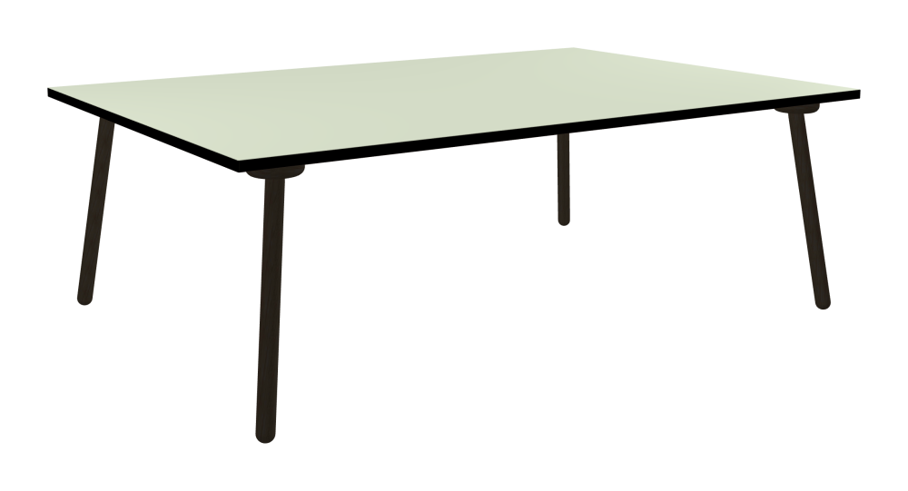 MT2 Tisch - Form Eckig - Länge 220,00 cm - Tiefe 150,00 cm - Radius 0,30 cm - Stärke 3 cm - Oberseite Linoleum, 4183 Pistachio - Kern Stäbchenplatte - Kante Linoleum, 4023 Nero - Kantenschräge 90° / MT2 Tischbeine - Material und Farbe Holz, Eiche, schwarz gebeizt, matt geölt - Set 4 Tischbeine