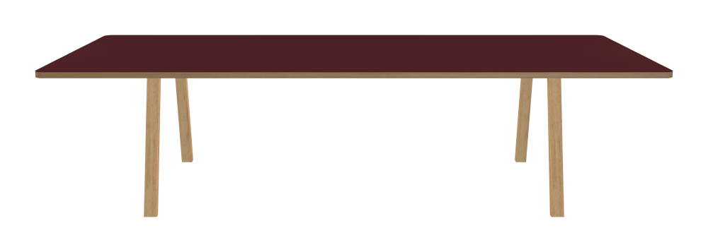 DIN PLUS Tisch - Form Eckig - Länge 300,00 cm - Tiefe 140,00 cm - Radius 5,00 cm - Stärke 3 cm - Freiformfläche 1.00000000 - Oberseite Linoleum, 4154 Burgundy - Kern Stäbchenplatte - Kante Holz, Eiche - Kantenschräge 90° / DIN PLUS Tischgestell - Materialien und Farben Holz, Eiche, matt geölt - Länge 206 cm - Breite L - Tischbeinprofil Rechteckig - Set 2 Stück