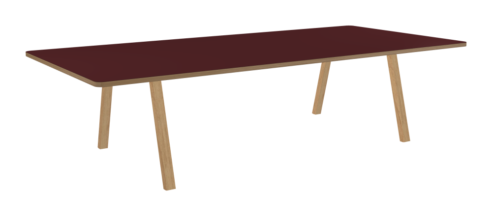 DIN PLUS Tisch - Form Eckig - Länge 300,00 cm - Tiefe 140,00 cm - Radius 5,00 cm - Stärke 3 cm - Freiformfläche 1.00000000 - Oberseite Linoleum, 4154 Burgundy - Kern Stäbchenplatte - Kante Holz, Eiche - Kantenschräge 90° / DIN PLUS Tischgestell - Materialien und Farben Holz, Eiche, matt geölt - Länge 206 cm - Breite L - Tischbeinprofil Rechteckig - Set 2 Stück