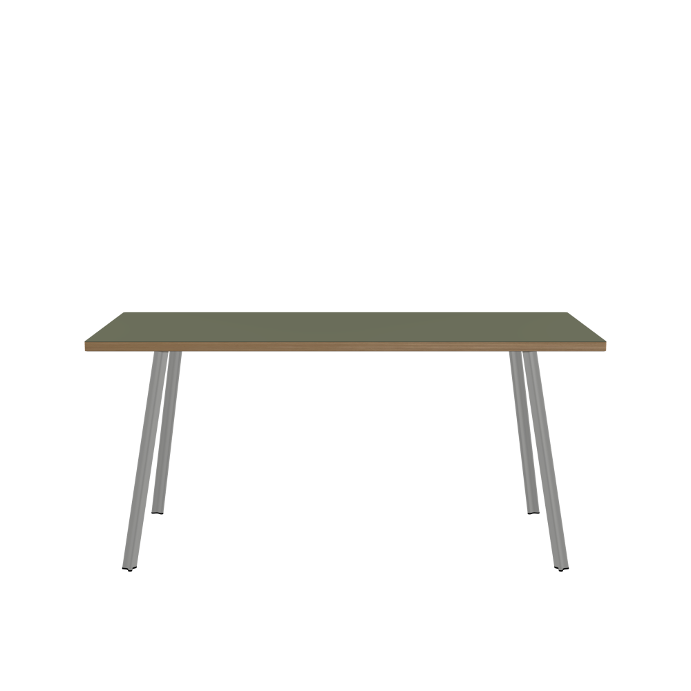 BEAM Table - Shape Square - Length 160.00 cm - Width 70.00 cm - Radius 1.00 cm - Thickness 3 cm - Surface Linoleum, 4184 Olive - Core Laminboard - Edge Wood, Oak - Profile Edge 90° / BEAM Table Legs - Material and Colour Aluminium, matt anodised - Profile strength Small - Height 71 cm - Set 4 Legs