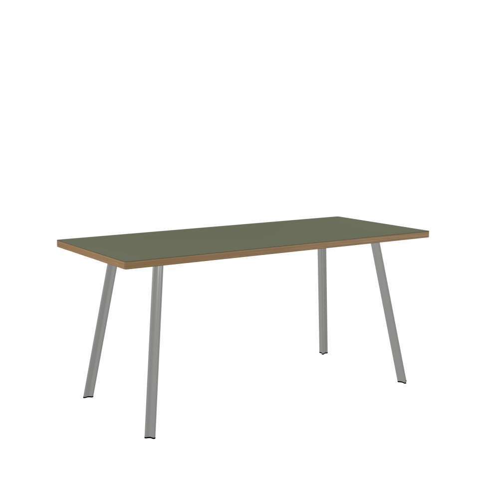 BEAM Tisch - Form Eckig - Länge 160,00 cm - Tiefe 70,00 cm - Radius 1,00 cm - Stärke 3 cm - Oberseite Linoleum, 4184 Olive - Kern Stäbchenplatte - Kante Holz, Eiche - Kantenschräge 90° / BEAM Tischbeine - Material und Farbe Aluminium, matt eloxiert - Profilgröße Klein - Höhe 71 cm - Set 4 Tischbeine