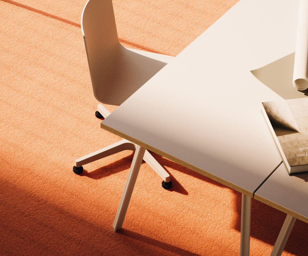 Arbeitstisch aus rechteckigen, mit hellem Linoleum beschichteten Holztischplatten, montiert auf Beam-Tischbeinen aus Aluminium von Daniel Lorch für FAUST Linoleum
